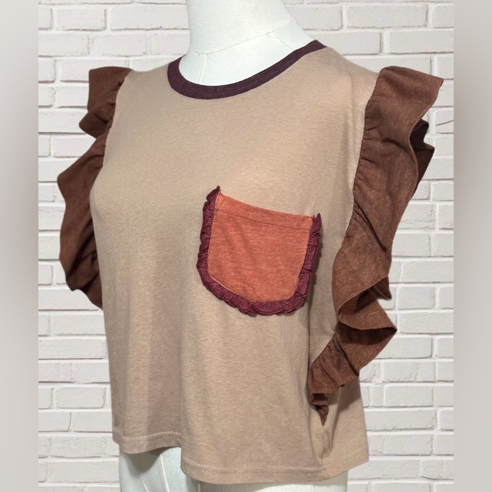 Storia Ruffle Sleeve Crop Tee Neutral Brown Boho Pocket Feminine Soft Medium